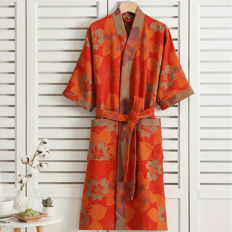Kimono Bathrobe, Gauze Cotton Dressing Gown with Waist Tie, Reversible Kimono Robe for Loungewear, Cotton House Coat_13