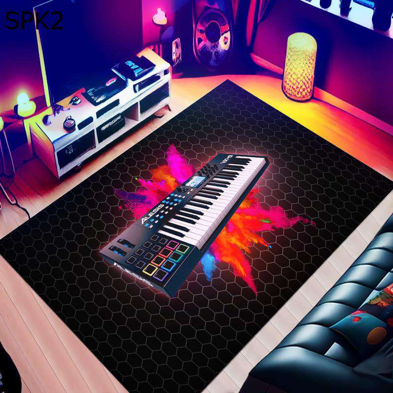 Washable Rug for Living Room, Vintage Rug with Guitar Design, Bedroom Rug with Non Slip Backing, Soft Flannel Carpet_06