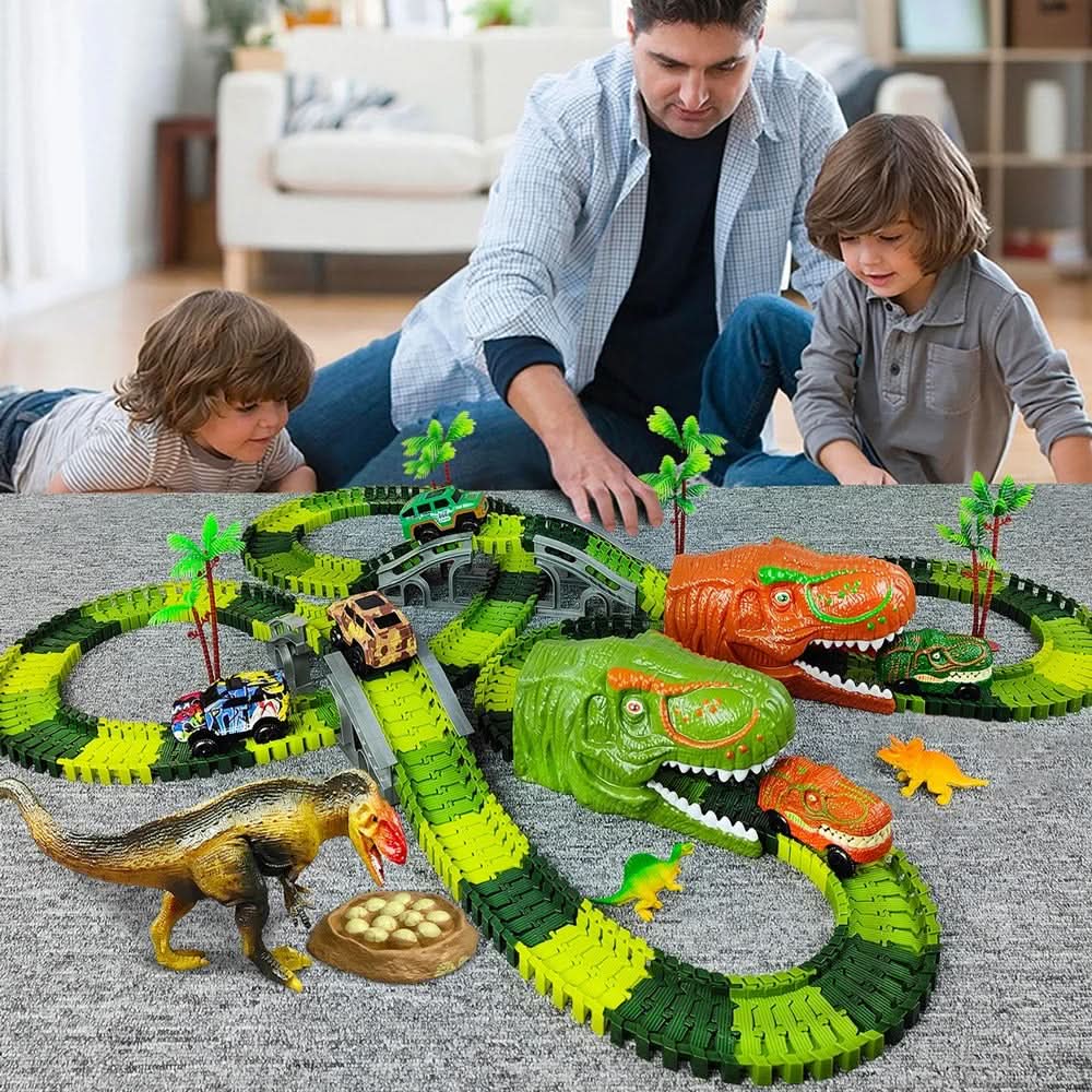 Dino Train Set with Toy Train Track, Dinosaur Toys for 3 Year Olds, Toy Car Track and Off Road Cars, Role Play Toys