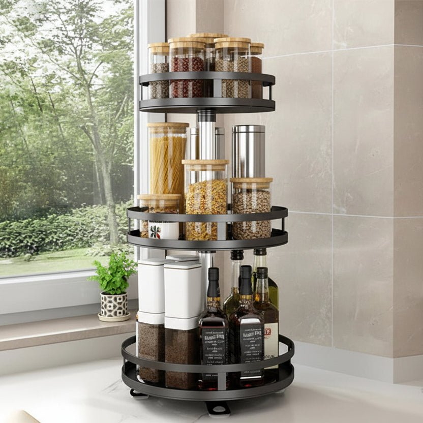 Rotating Metal Rack with 3 Tiers, 360 Degree Makeup Organiser for Vanity and Bathroom, Kitchen Storage Rack