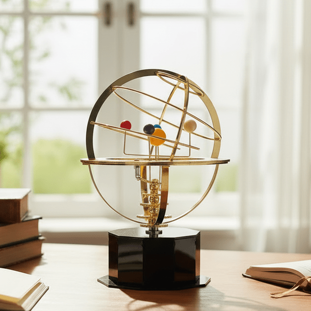 Solar System Model, Brass Solar System Desk Ornament with 5 Planets, Science Gift, Living Room Ornament