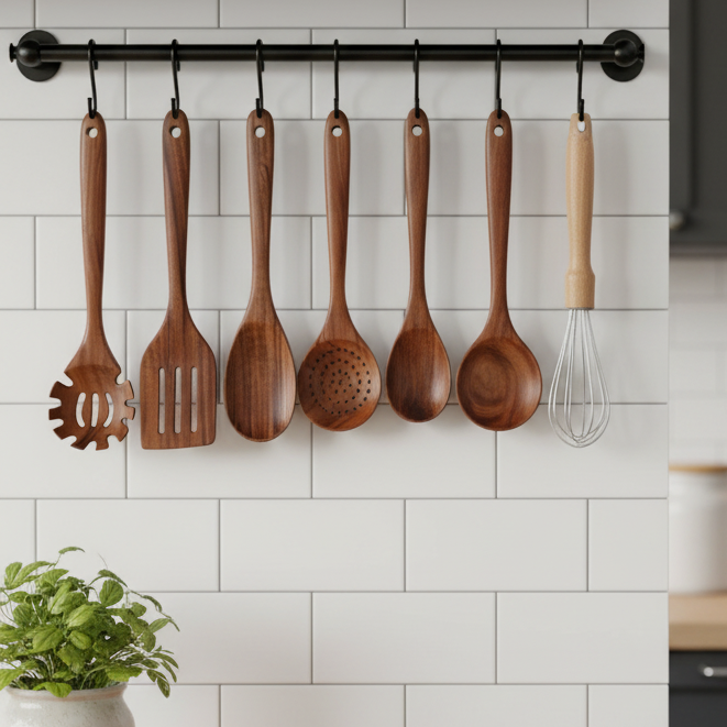 Wooden Kitchen Utensils, Teak Wood Kitchen Utensil Set 10 Piece, Wooden Cooking Tool Set for Non Stick Pans