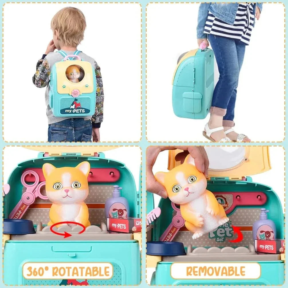 Vet Toy Set with Backpack and 16 Accessories, Pretend Play Toys with Cat or Dog Design
