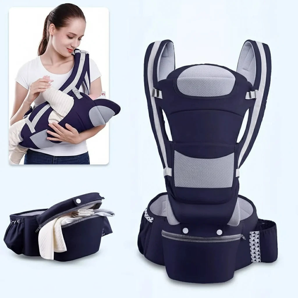 Baby Carrier with Hip Seat, Ergonomic Toddler Carrier up to 18 kg, 100% Cotton Baby Carriers with Storage Pockets