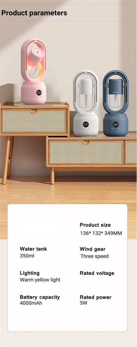 Bladeless Fan, Portable Fan with Humidifier and Night Light, Rechargeable Desk Fan for Bedroom and Office_15
