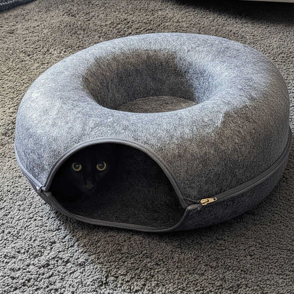 Cat Tunnel Bed with Plush Sleeping Area, Cat Beds for Indoor Cats, Cat Cave Bed with Non Slip Base_01