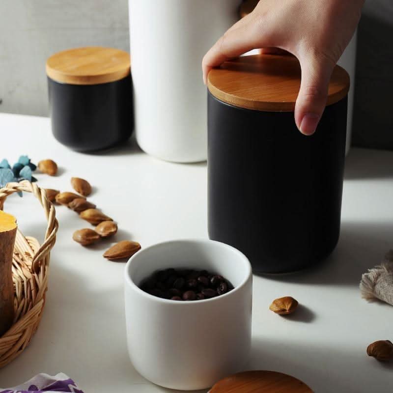 Ceramic Storage Jars with Bamboo Lid, Airtight Food Storage Containers 260 to 1000 ml, Kitchen Storage Jars for Pantry_01