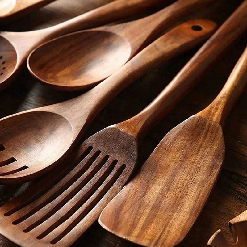 Wooden Kitchen Utensils, Teak Wood Kitchen Utensil Set 10 Piece, Wooden Cooking Tool Set for Non Stick Pans_04