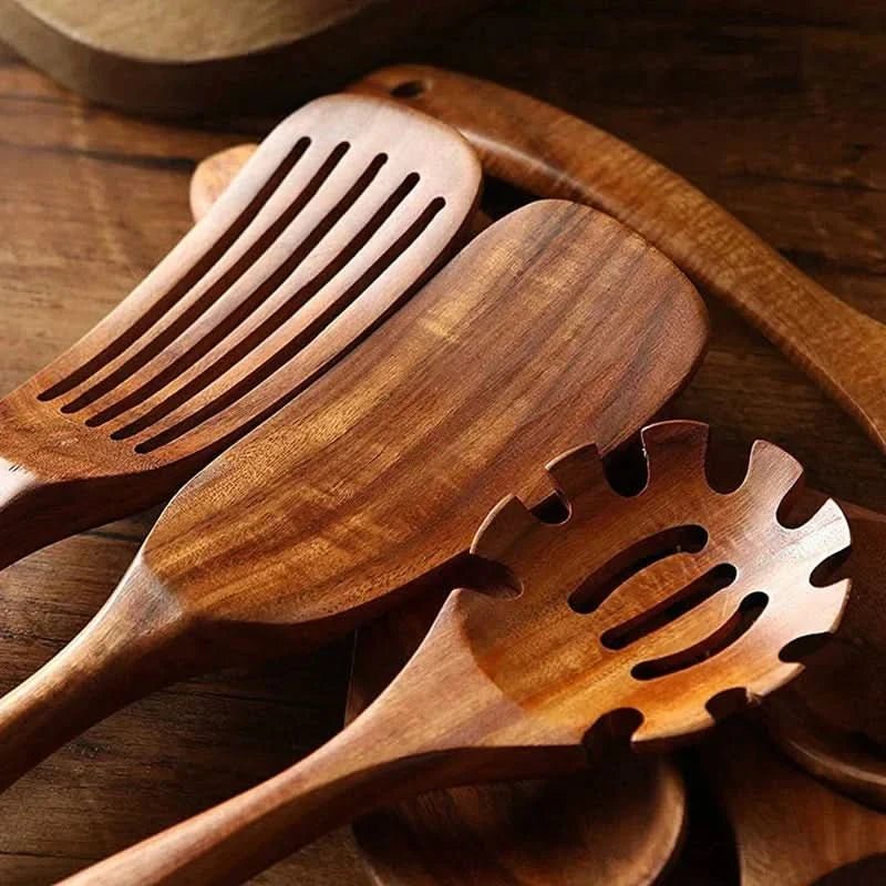 Wooden Kitchen Utensils, Teak Wood Kitchen Utensil Set 10 Piece, Wooden Cooking Tool Set for Non Stick Pans_03