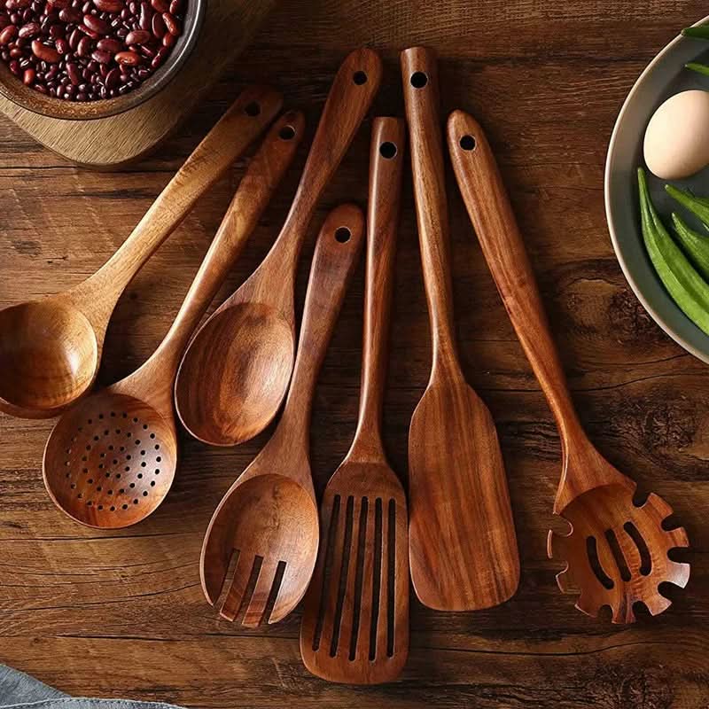 Wooden Kitchen Utensils, Teak Wood Kitchen Utensil Set 10 Piece, Wooden Cooking Tool Set for Non Stick Pans
