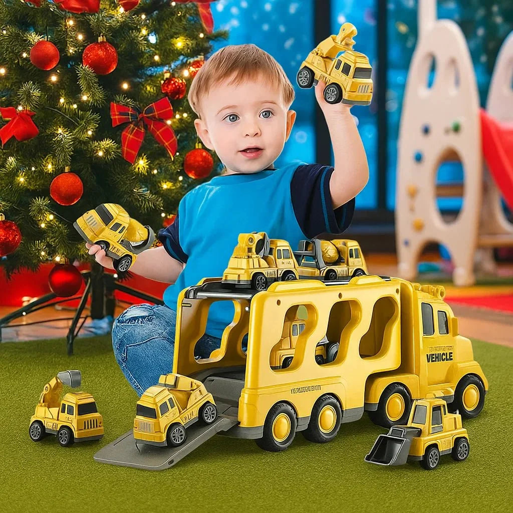 Toy Lorry Transporter with Lights and Sounds, Includes Toy Fire Truck and a Construction Vehicle, Toys for 3 Year Olds