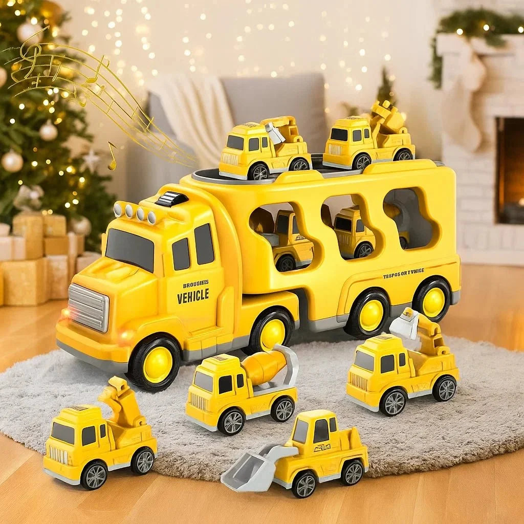Toy Lorry Transporter with Lights and Sounds, Includes Toy Fire Truck and a Construction Vehicle, Toys for 3 Year Olds