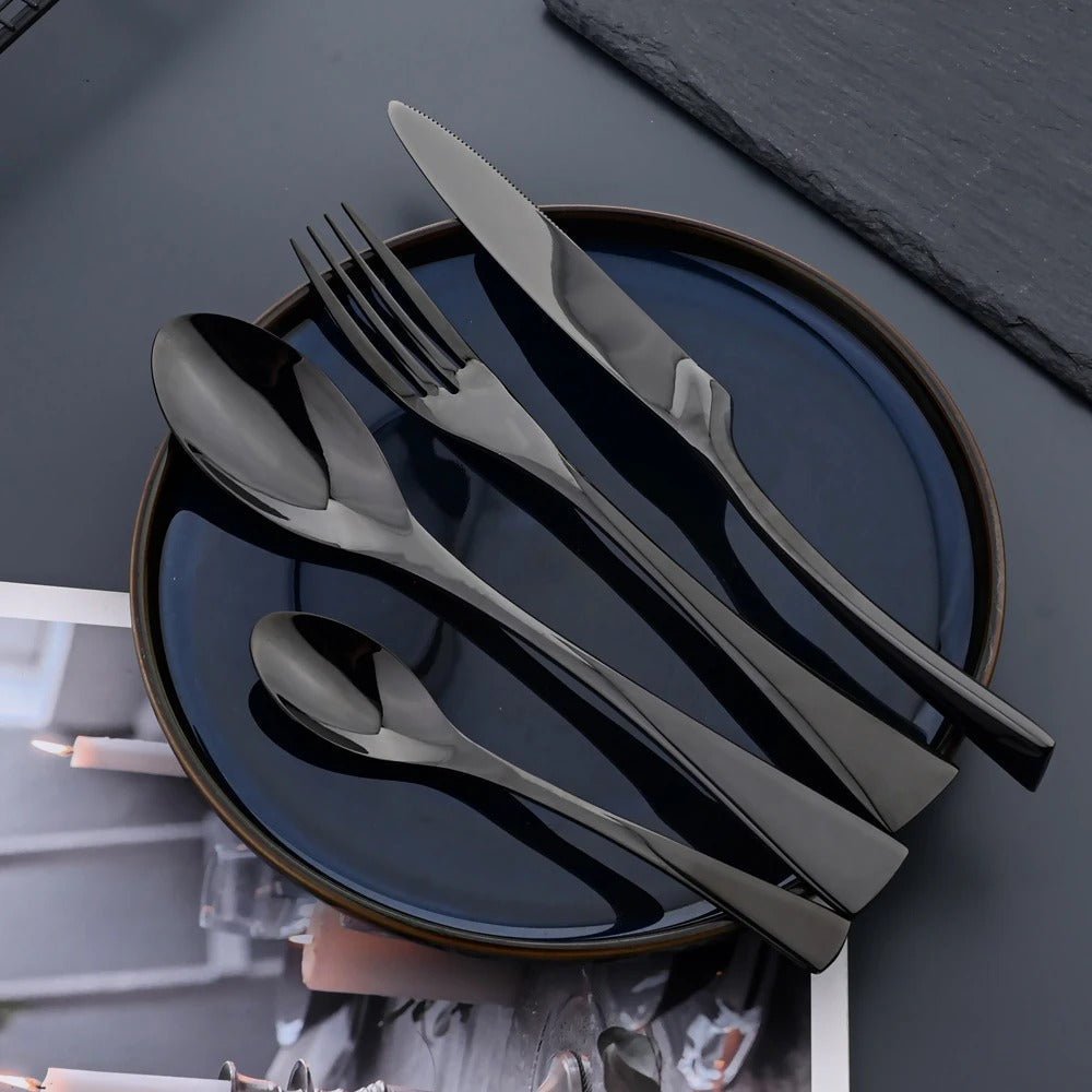 Black Cutlery Set, 24 or 48 Piece Stainless Steel Cutlery with Soup Spoons and Teaspoons, Tableware for Table Settings