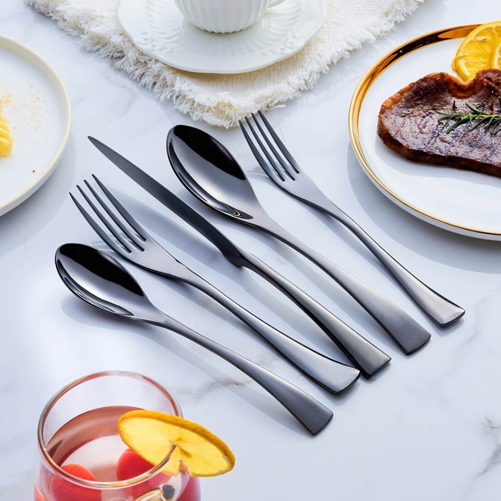 Black Cutlery Set, 24 or 48 Piece Stainless Steel Cutlery with Soup Spoons and Teaspoons