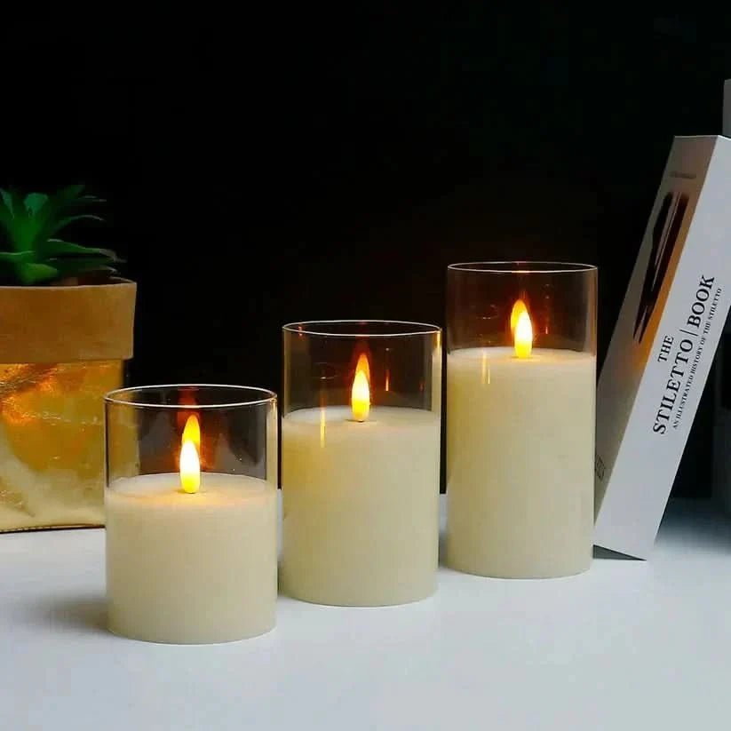 Battery Candles Set of 3, Fake Candles 10 to 25 cm Tall, Battery Operated Candles in Gold, Grey or Clear for Home Decor_06