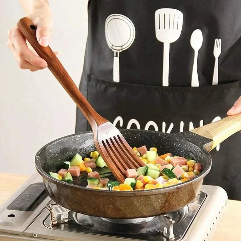 Wooden Kitchen Utensils, Teak Wood Kitchen Utensil Set 10 Piece, Wooden Cooking Tool Set for Non Stick Pans_05