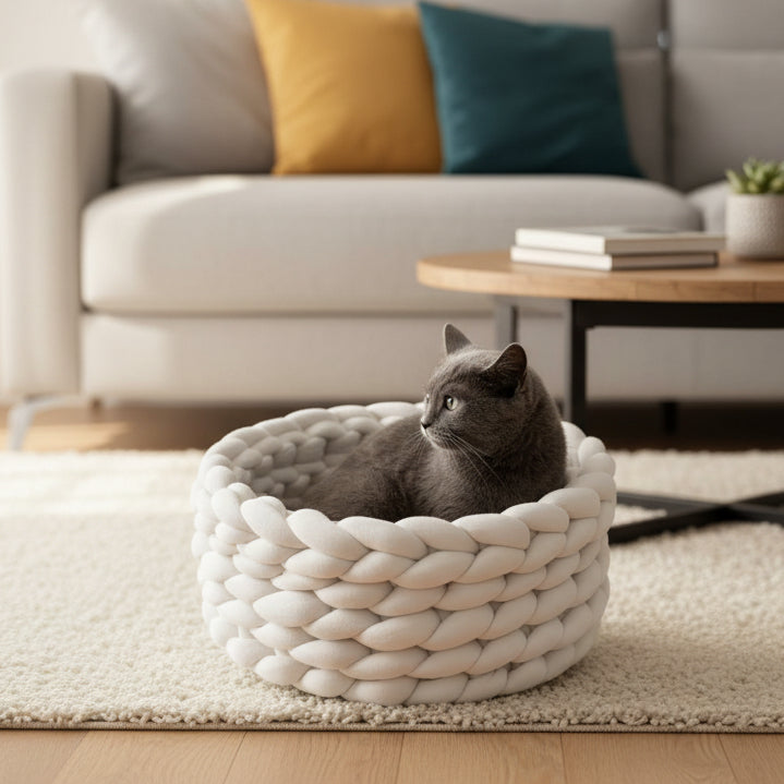 Cat Basket, Round Wool Cat Bed with Raised Rim, Washable Small Dog Bed, Calming Pet Bed for Cats and Small Dogs
